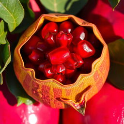 A beautiful, detailed depiction of a ripe pomegranate, showcasing its plump, red, jewel-like seeds glistening in the sunlight