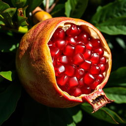 A beautiful, detailed depiction of a ripe pomegranate, showcasing its plump, red, jewel-like seeds glistening in the sunlight