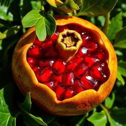 A beautiful, detailed depiction of a ripe pomegranate, showcasing its plump, red, jewel-like seeds glistening in the sunlight