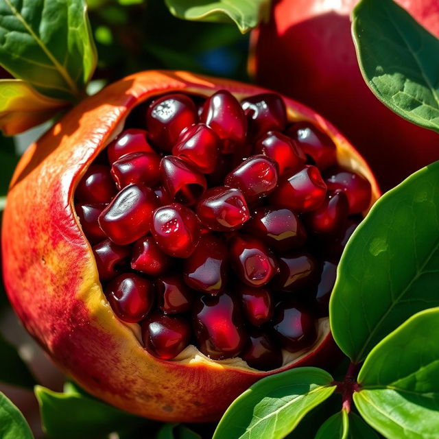 A beautiful, detailed depiction of a ripe pomegranate, showcasing its plump, red, jewel-like seeds glistening in the sunlight