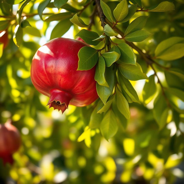 A bright red pomegranate freshly picked from a tree, hanging amidst lush green leaves