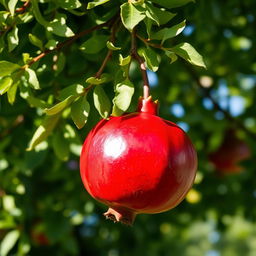 A bright red pomegranate freshly picked from a tree, hanging amidst lush green leaves