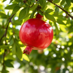 A bright red pomegranate freshly picked from a tree, hanging amidst lush green leaves