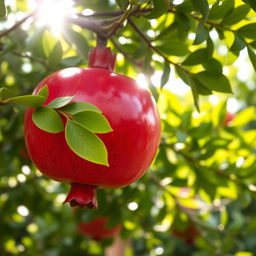 A bright red pomegranate freshly picked from a tree, hanging amidst lush green leaves