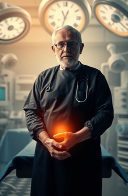 A silhouette of an elderly surgeon standing at an operating table, holding medical instruments in hands