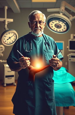 A silhouette of an elderly surgeon standing at an operating table, holding medical instruments in hands