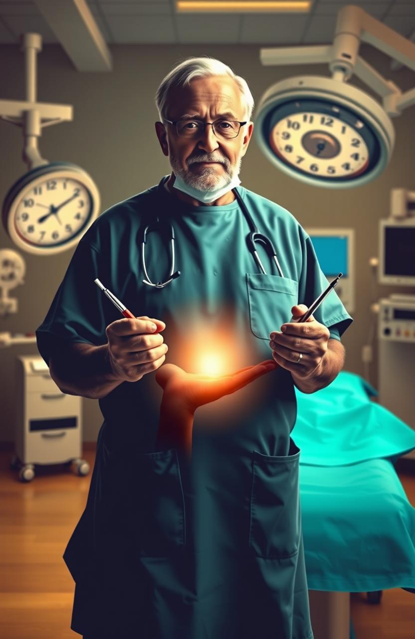 A silhouette of an elderly surgeon standing at an operating table, holding medical instruments in hands