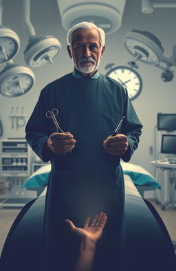 A silhouette of an elderly surgeon standing at an operating table, holding medical instruments in hands