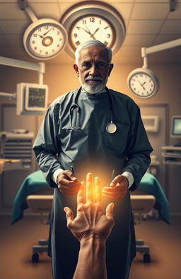 A silhouette of an elderly surgeon standing at an operating table, holding medical instruments in hands