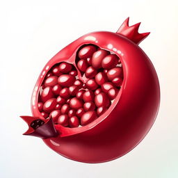 A large, vibrant red pomegranate depicted in a highly detailed anime style, featuring glossy, shiny skin with intricate textures