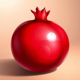 A large, vibrant red pomegranate depicted in a highly detailed anime style, featuring glossy, shiny skin with intricate textures