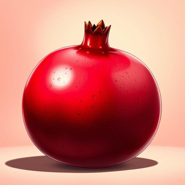 A large, vibrant red pomegranate depicted in a highly detailed anime style, featuring glossy, shiny skin with intricate textures
