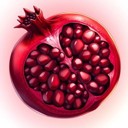 A large, vibrant red pomegranate depicted in a highly detailed anime style, featuring glossy, shiny skin with intricate textures