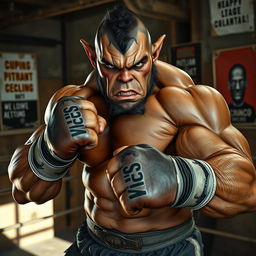 A powerful orc pugilist in an intense boxing stance, showcasing incredible muscular detail
