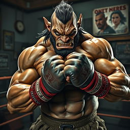 A powerful orc pugilist in an intense boxing stance, showcasing incredible muscular detail