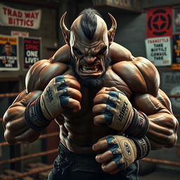 A powerful orc pugilist in an intense boxing stance, showcasing incredible muscular detail