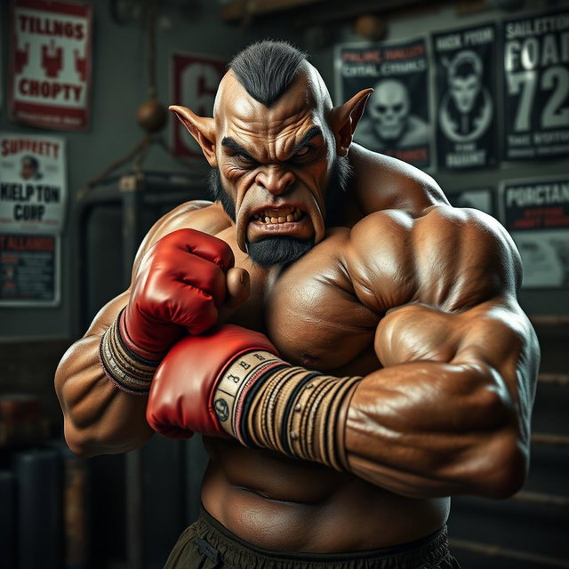 A powerful orc pugilist in an intense boxing stance, showcasing incredible muscular detail
