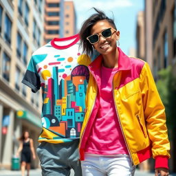 A vibrant graphic t-shirt design that transitions seamlessly into a stylish jacket, showcasing an eye-catching blend of colors and patterns
