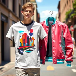 A vibrant graphic t-shirt design that transitions seamlessly into a stylish jacket, showcasing an eye-catching blend of colors and patterns