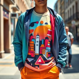 A vibrant graphic t-shirt design that transitions seamlessly into a stylish jacket, showcasing an eye-catching blend of colors and patterns