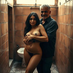 A full-length intimate couple photoshoot depicting a 23-year-old Arab woman, embodying sensuality and confidence