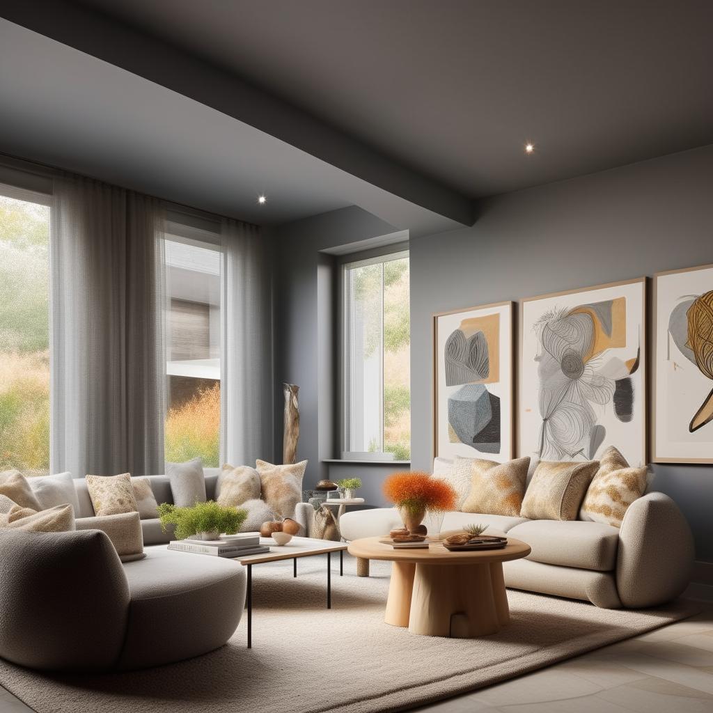 Depict a 7.50m x 4.00m home living room reception filled with modern, warm and cozy grey and off-white furniture including couches and cozy chairs. A dining table is present, accompanied by large, eccentric paintings. The room has one window and is encased within three walls.