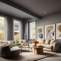 Depict a 7.50m x 4.00m home living room reception filled with modern, warm and cozy grey and off-white furniture including couches and cozy chairs. A dining table is present, accompanied by large, eccentric paintings. The room has one window and is encased within three walls.