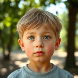 A portrait of a young boy with a unique log-shaped pencil nose, slightly thin lips and pale skin