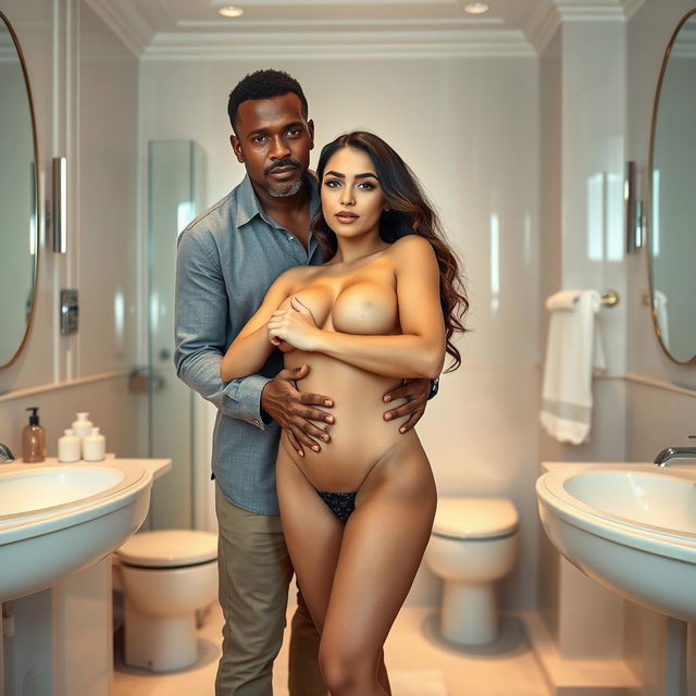 A full-length intimate couple photoshoot featuring a 24-year-old Arab woman, exuding sensuality and confidence