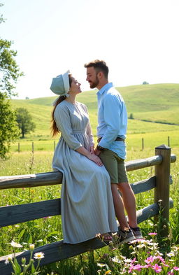 A romantic scene depicting a young Amish woman and an outsider in a lush green countryside setting