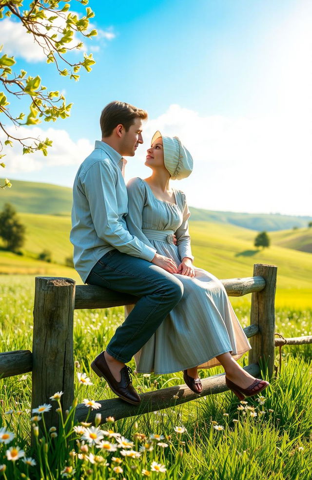 A romantic scene depicting a young Amish woman and an outsider in a lush green countryside setting