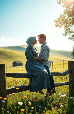 A romantic scene depicting a young Amish woman and an outsider in a lush green countryside setting