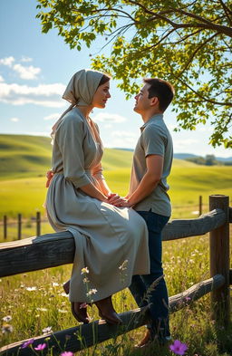A romantic scene depicting a young Amish woman and an outsider in a lush green countryside setting