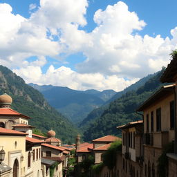 A picturesque mountainous village featuring beautifully designed houses with Islamic architecture
