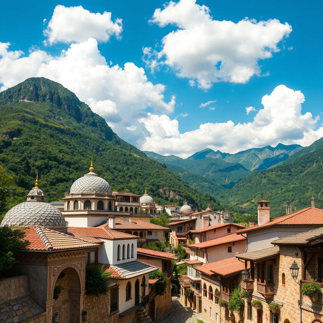 A picturesque mountainous village featuring beautifully designed houses with Islamic architecture