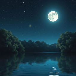 A serene night scene featuring a tranquil lake reflecting the stars, with a glowing full moon above