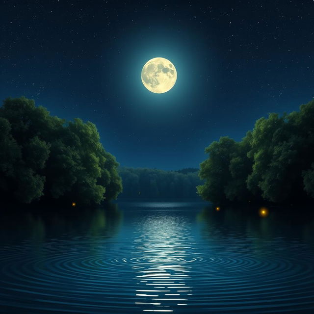 A serene night scene featuring a tranquil lake reflecting the stars, with a glowing full moon above