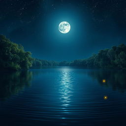 A serene night scene featuring a tranquil lake reflecting the stars, with a glowing full moon above