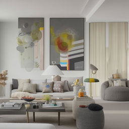 Depict a 7.50m x 4.00m home living room reception filled with modern, warm and cozy grey and off-white furniture including couches and cozy chairs. A dining table is present, accompanied by large, eccentric paintings. The room has one window and is encased within three walls.