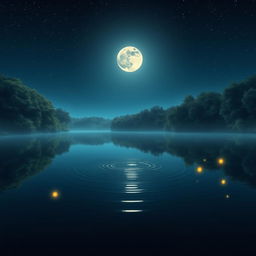 A serene night scene featuring a tranquil lake reflecting the stars, with a glowing full moon above