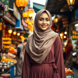 A beautiful Muslim woman wearing a stylish hijab, dressed in elegant traditional clothing, standing in a vibrant city street filled with colorful market stalls