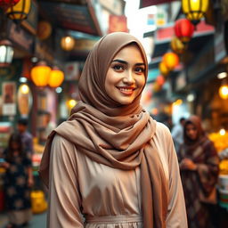 A beautiful Muslim woman wearing a stylish hijab, dressed in elegant traditional clothing, standing in a vibrant city street filled with colorful market stalls