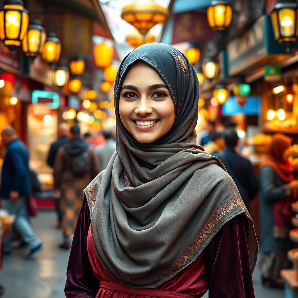 A beautiful Muslim woman wearing a stylish hijab, dressed in elegant traditional clothing, standing in a vibrant city street filled with colorful market stalls