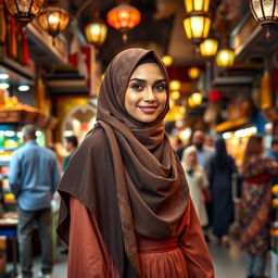 A beautiful Muslim woman wearing a stylish hijab, dressed in elegant traditional clothing, standing in a vibrant city street filled with colorful market stalls
