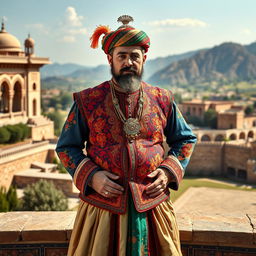 Naser al-Din Shah Qajar dressed in traditional Kurdish clothing, featuring ornate embroidery and vibrant colors