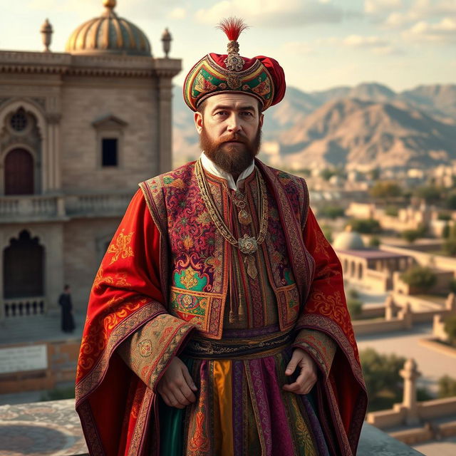 Naser al-Din Shah Qajar dressed in traditional Kurdish clothing, featuring ornate embroidery and vibrant colors