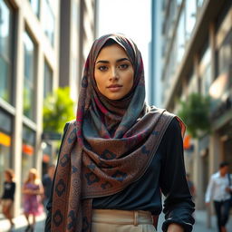 A stylish young woman wearing a vibrant hijab, beautifully draped in an intricate pattern