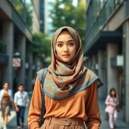 A stylish young woman wearing a vibrant hijab, beautifully draped in an intricate pattern