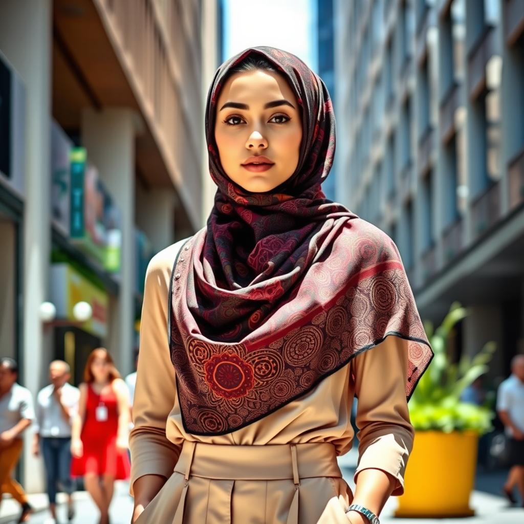 A stylish young woman wearing a vibrant hijab, beautifully draped in an intricate pattern
