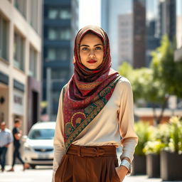 A stylish young woman wearing a vibrant hijab, beautifully draped in an intricate pattern